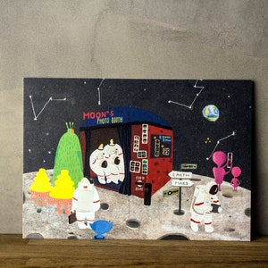 Geïllustreerde ansichtkaart / wenskaart - "Photo Booth op de maan"
