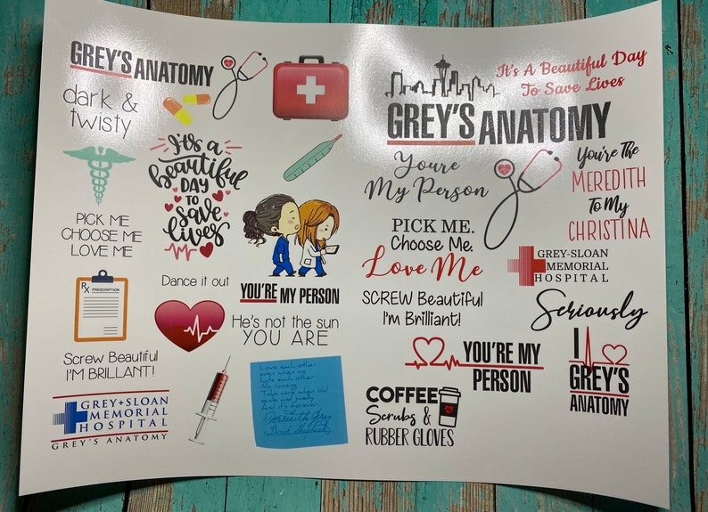 Grey/'s Anatomy waterslide tumbler decal full sheet Clear Laser Waterslide laser printed