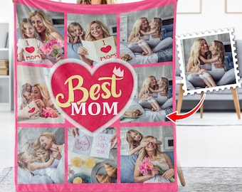 May include: Pink fleece blanket with a collage of photos of mothers and daughters. The blanket features a large heart with the text "Best Mom" in yellow letters.