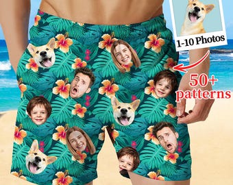 Personalized Face Beach Shorts: Custom Photo Hawaiian Shorts, Swimming Trunks for Men
