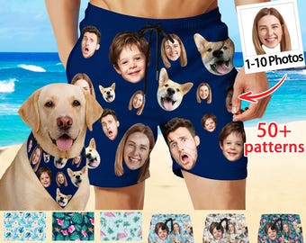 Print Funny Faces on Men's Swim Trunks: Personalized Photo Beach Shorts, Personalized Bathing Suit