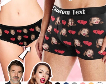Custom Underwear for Couple, Red Heart Boxer Briefs for Women Men, Custom Face Boxers, Couple Face Text Matching Undewear,Date Night in Gift