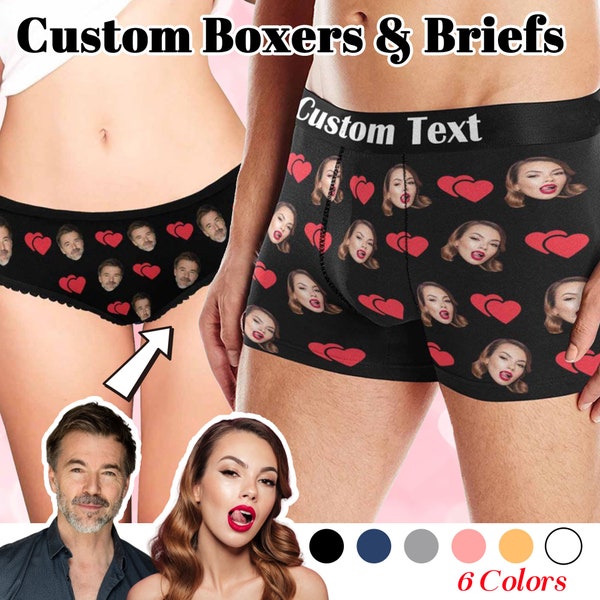 Custom Funny Faces and Text Boxers Briefs with Red Love Heart Boxers Briefs, Personalized Text Photo Underwear for Women Men, Gift for Him