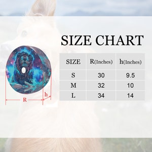May include: Size chart for a dog bed with a lion and galaxy print. The chart shows the bed's diameter in inches (R) and height in inches (h) for sizes S, M, and L.