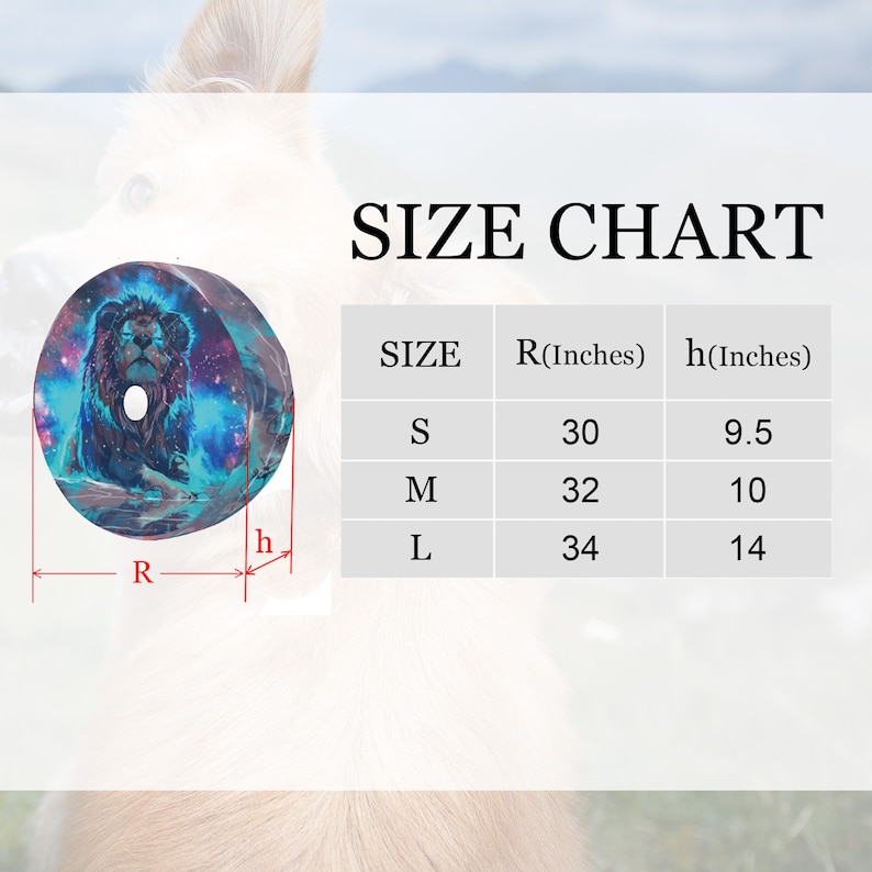 May include: Size chart for a dog bed with a lion and galaxy print. The chart shows the bed's diameter in inches (R) and height in inches (h) for sizes S, M, and L.