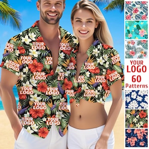 May include: Matching Hawaiian shirts with a tropical floral print in red, white, and yellow on a black background. The shirts feature the text "YOUR LOGO" repeated throughout the design. A selection of 60 patterns is shown.