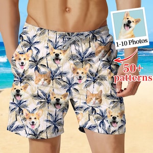Custom Pet Face Hawaiian Swim Trunks: Personalized Dog Cat Photo Beach Shorts image 1