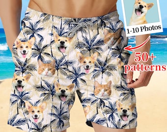 Custom Pet Face Hawaiian Swim Trunks: Personalized Dog Cat Photo Beach Shorts