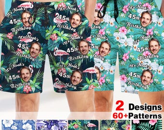 Custom Birthday Face Hawaiian Swim Trunks: Photo Age Men's Beach Shorts, Birthday Party Gift