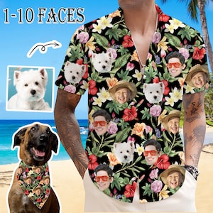 May include: A black and white patterned shirt with 10 different faces printed on it. The shirt has a button-up collar and short sleeves. The shirt is made of a lightweight fabric and is perfect for warm weather.