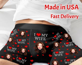 Custom Underwear with Face: Personalized Picture Text Boxers, Printed Wife's Face on Boxer Briefs