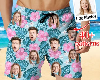 Personalized Hawaiian Photo Beach Shorts: Hawaii Face Swim Trunks, Custom Couple's Gift