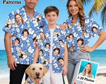Personalized Funny Faces Hawaiian Shirt: Custom Picture Blue Tropical Floral Shirts, Photo Button Down