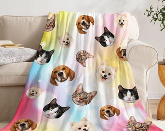 Personalized Pet Faces Blanket: Custom Dog & Cat Photo Collage, Take a nap Blanket, 4 sizes