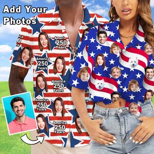 May include: A short-sleeved button-up shirt and a cropped shirt featuring a patriotic design with red and white stripes, blue stars, and the text "America 250 Years". The shirts have faces printed on them, with the words "Add Your Photos" at the top.