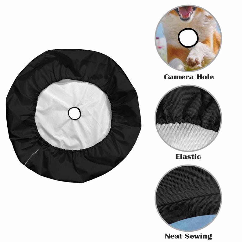 May include: Black camera lens cover with an elastic edge and a hole for the camera lens. The cover has a white inner lining and neat stitching.