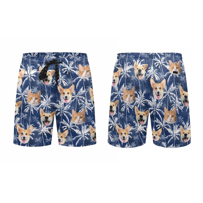 May include: Blue swim trunks with a pattern of palm trees and dog and cat faces.