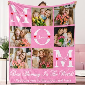 May include: Pink fleece blanket with a collage of photos of children and a mother. The blanket features the word "MOM" with the words "Always", "Love", and "You" incorporated into the letters. The text "Best Mommy In The World! We love you to the moon and back" is printed at the bottom of the blanket.