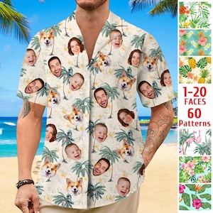Custom Men&#39;s Picture Face Hawaii Shirt, Custom Photo Button Up Hawaiian Shirt for Women Kids,  Personalized Vacation Tropical Pattern Shirt