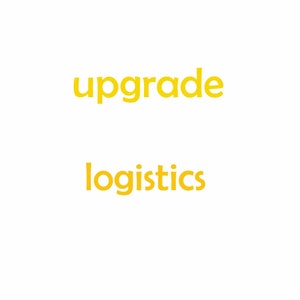 May include: The words "upgrade" and "logistics" are displayed in a bright yellow color against a clean white background. The text is in a simple, sans-serif font, with "upgrade" above "logistics".