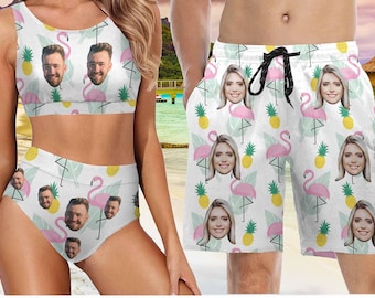 Personalized Flamingo Face Swimsuit Set, Custom Couple's Swimwear