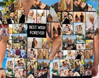 Puede incluir: Una camisa hawaiana colorida con un collage de fotos de personas. La camisa tiene un cuello negro y mangas cortas. El texto "Best Wish Forever" está impreso en la parte delantera de la camisa.