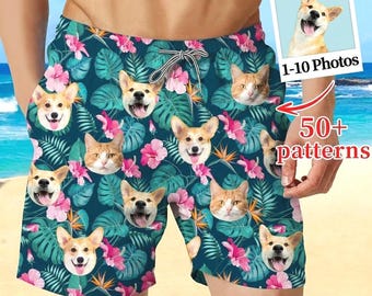 Custom Face Hawaiian Swim Trunks: Personalized Picture Beach Shorts, Tropical Pattern Photo Shorts