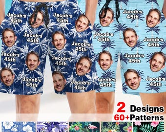 Custom Birthday Swim Trunks: Face and Text Birthday Beach Shorts, Customized Hawaiian Men's Swimsuits