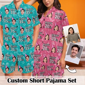 May include: A teal and pink custom short pajama set. The teal set features a shirt and shorts with a repeating pattern of faces, birthday hats, and the text "HAPPY 35th". The pink set has a shirt with a repeating pattern of faces, birthday hats, and the text "HAPPY 20th".