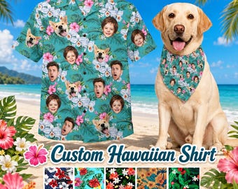 Custom Hawaiian Shirt: Personalized Faces Hawaiian Shirts, Tropical Floral Button up Top, Customized Gift