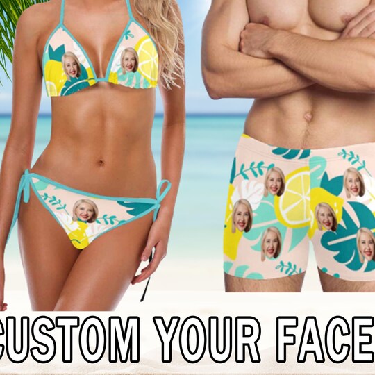 Disover Summer Couples Models Swimwear, Custom Face Bikini, Sexy Bikini Sets, Personalized Men's Swim Trunks, Lemon Swimwear, Gifts for Boyfriends