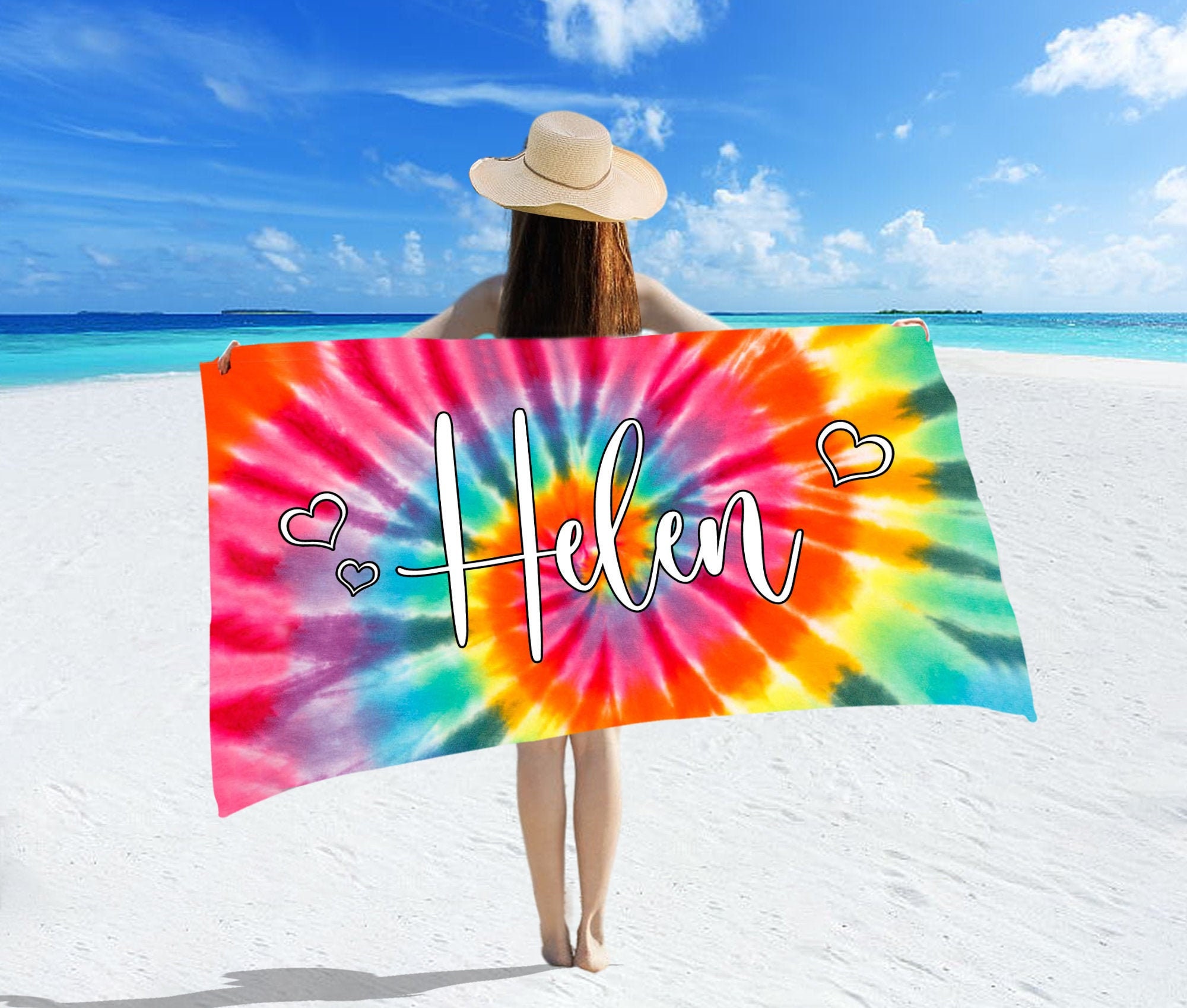 Tie Dye Beach Towel Personalized Name Rainbow Bath Towel Etsy