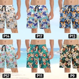May include: Ten pairs of colorful men's swim trunks with a variety of dog breeds printed on them. The trunks have an elastic waistband and a drawstring.