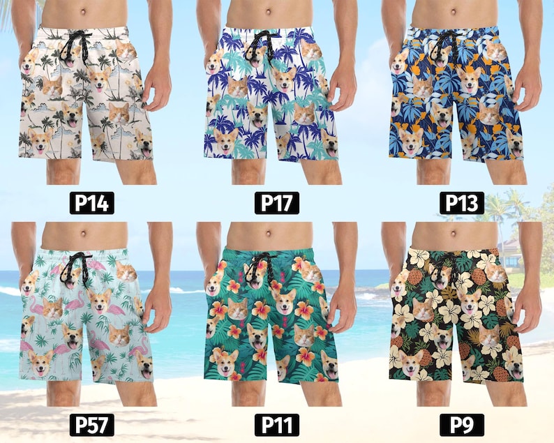 May include: Ten pairs of colorful men's swim trunks with a variety of dog breeds printed on them. The trunks have an elastic waistband and a drawstring.