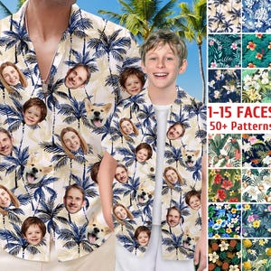 May include: A short-sleeved button-down shirt featuring a repeating pattern of dark blue palm trees interspersed with various human faces and dog faces, set against a light cream background. The shirt has a classic collar and a front button closure.