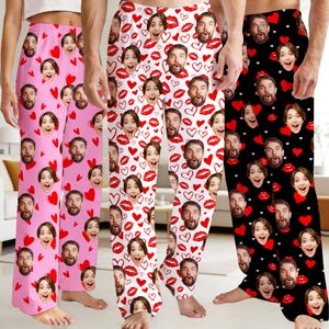 Custom Photo Pajama Pants: Heart Print Pj Pants with Face, Couple Sleepwear