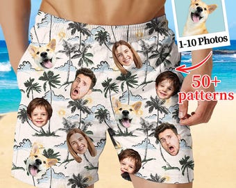 Custom Hawaiian Faces Beach Trunk: Personalized Photo Shorts for Men, Swim Trunks with Face