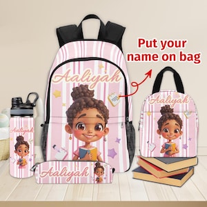 Custom Afro Black Girl Backpack with Name, Personalized Girl Baclpack, Custom Girl Backpack Set, Lunch Bag, Back to School Gift for Daughter