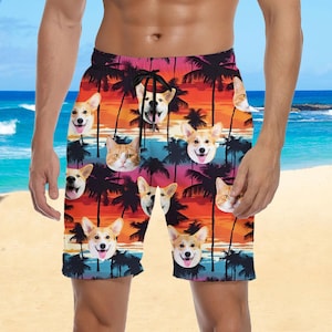 May include: A pair of colorful swim trunks with a tropical sunset print featuring multiple images of dogs and cats. The trunks have a drawstring waist and a relaxed fit.