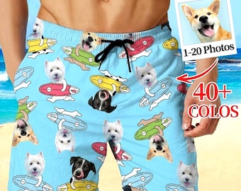Custom Pet Face Beach Shorts: Dog Photo Swim Trunks, Faces on Men's Bathing Suit