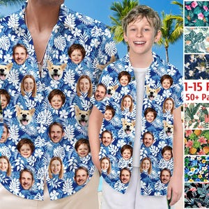 May include: Blue Hawaiian shirts with a white floral pattern and faces of people and dogs. The shirts have a zipper and buttons. The shirts are next to a collage of floral patterns.