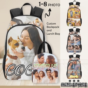 May include: A black and white custom backpack and lunch bag set with a photo collage of a family and a dog. The backpack has the text "COG" on it and the lunch bag has the text "LOVE" on it. The text "1-8 PHOTO" is at the top of the image. The text "Custom Backpack and Lunch Bag" is in the middle of the image. The text "Sweet Family" is on the right side of the image. The text "More Styles" is at the bottom of the image.