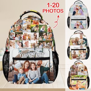 May include: A personalized backpack featuring a collage of photos on the front and top. The main image shows a family. The text "Your Text" is printed on the front pocket. The backpack has black mesh side pockets and a black handle.