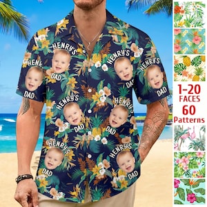 May include: Navy blue Hawaiian shirt with a tropical floral pattern, featuring personalized baby faces and the text "HENRY'S DAD". The shirt includes a variety of tropical flowers and pineapple designs. The image also shows a selection of 60 patterns.