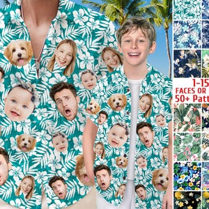 May include: Two matching Hawaiian shirts with a tropical floral pattern. The shirts feature a variety of faces and images, including people, animals, and plants. The text on the shirts reads "1-15 Faces or More" and "50+ Patterns".