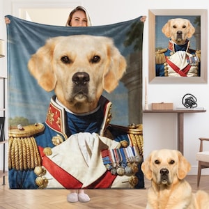 May include: A golden retriever dog wearing a blue and red military uniform with gold trim and medals. The dog is depicted in a painting style, with a blue and gray background.