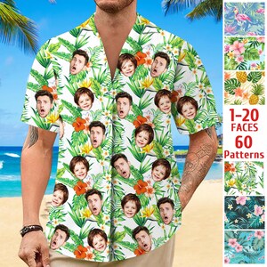 May include: White short-sleeved Hawaiian shirt with a tropical floral pattern and faces. The shirt features a vibrant design with orange flowers, green leaves, and the text "1-20 FACES 60 Patterns".