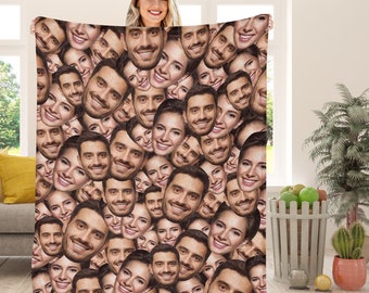 May include: A rectangular blanket featuring a repeating pattern of smiling faces of a man and a woman. The blanket is held up, displaying the collage of portraits across the entire surface. The text "Customized Face Blanket" is printed below.