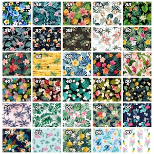 May include: A collection of 60 different tropical-themed patterns featuring pineapples, flamingos, palm trees, and various flowers. The patterns are arranged in a grid format, with each pattern numbered.