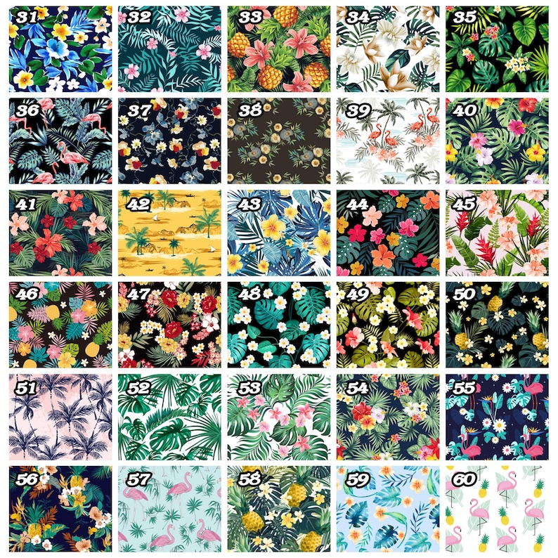 May include: A collection of 60 different tropical-themed patterns featuring pineapples, flamingos, palm trees, and various flowers. The patterns are arranged in a grid format, with each pattern numbered.